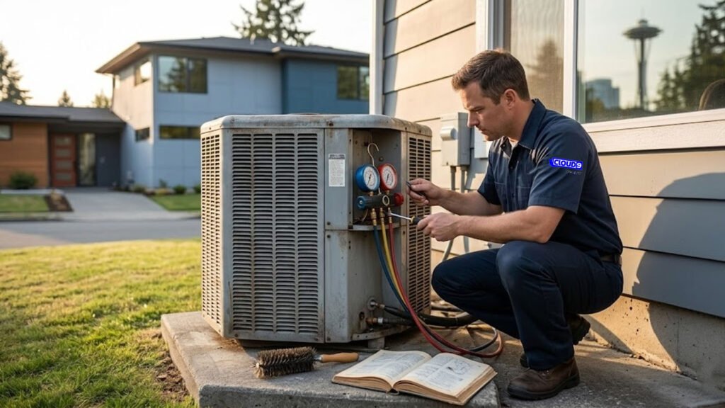 HVAC technician inspecting old AC unit for replacement in Seattle WA
