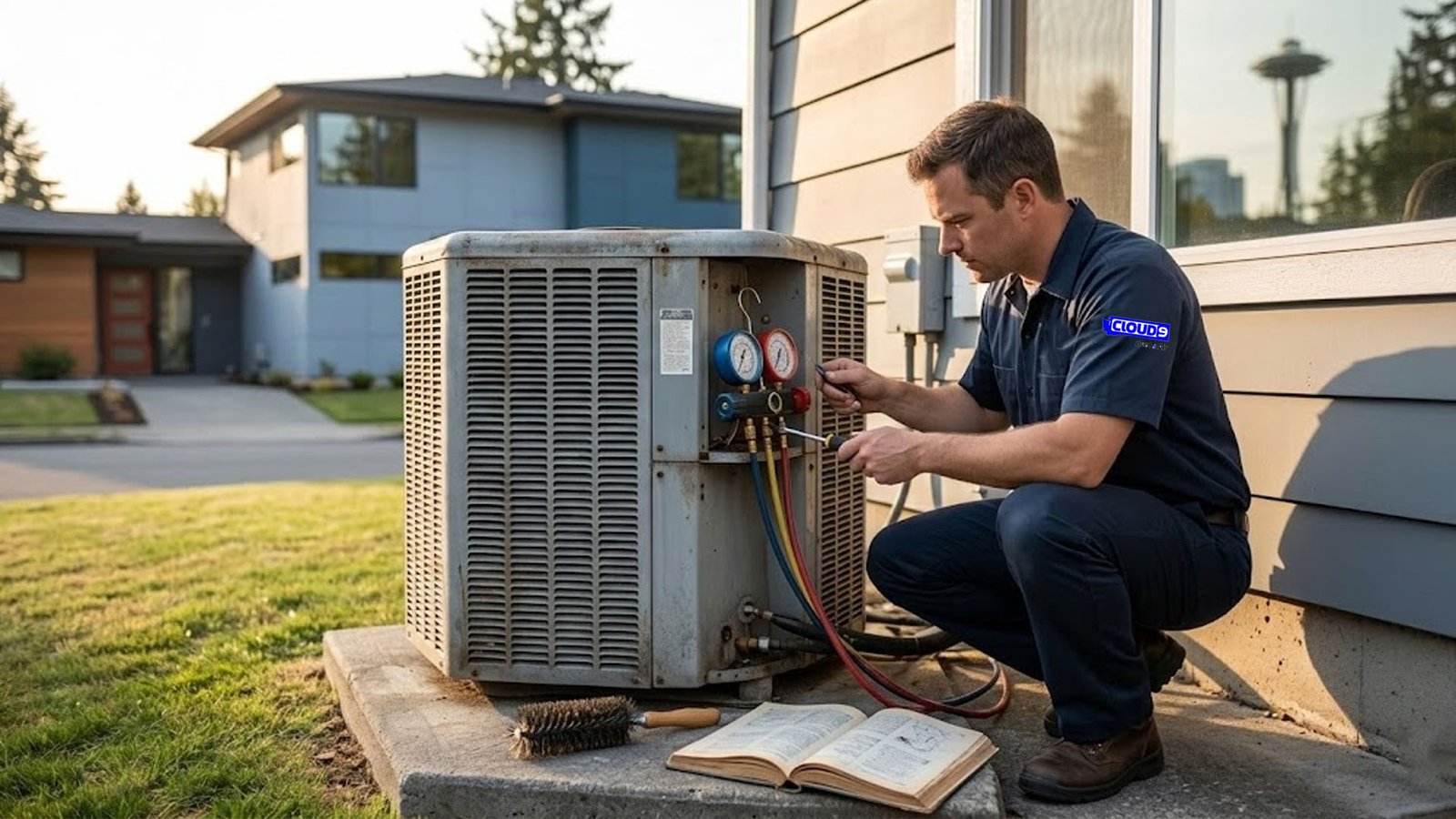 HVAC technician inspecting old AC unit for replacement in Seattle WA