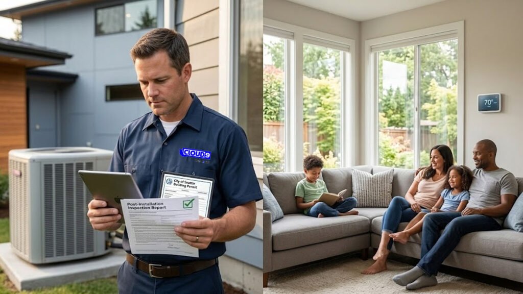 Seattle HVAC contractor double tick permit for residential AC installation and family relaxing in cool home after professional AC installation
