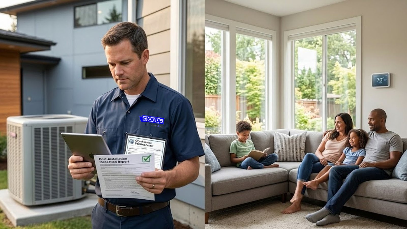 Seattle HVAC contractor double tick permit for residential AC installation and family relaxing in cool home after professional AC installation