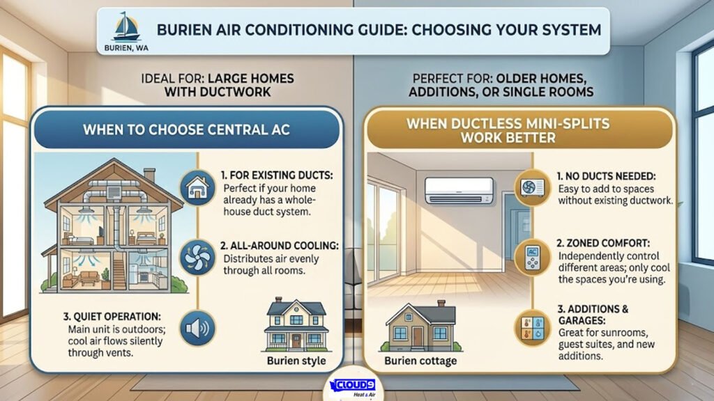 Best AC system for Burien homes, central air vs ductless mini split
