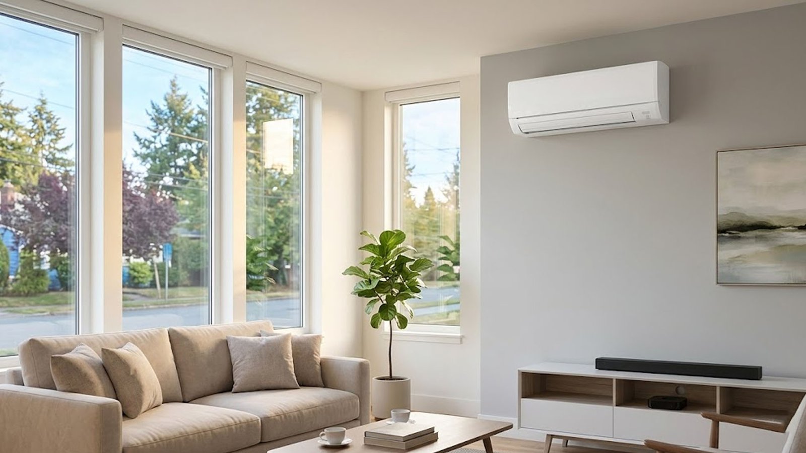 Ductless mini split AC unit mounted on wall cooling a living room