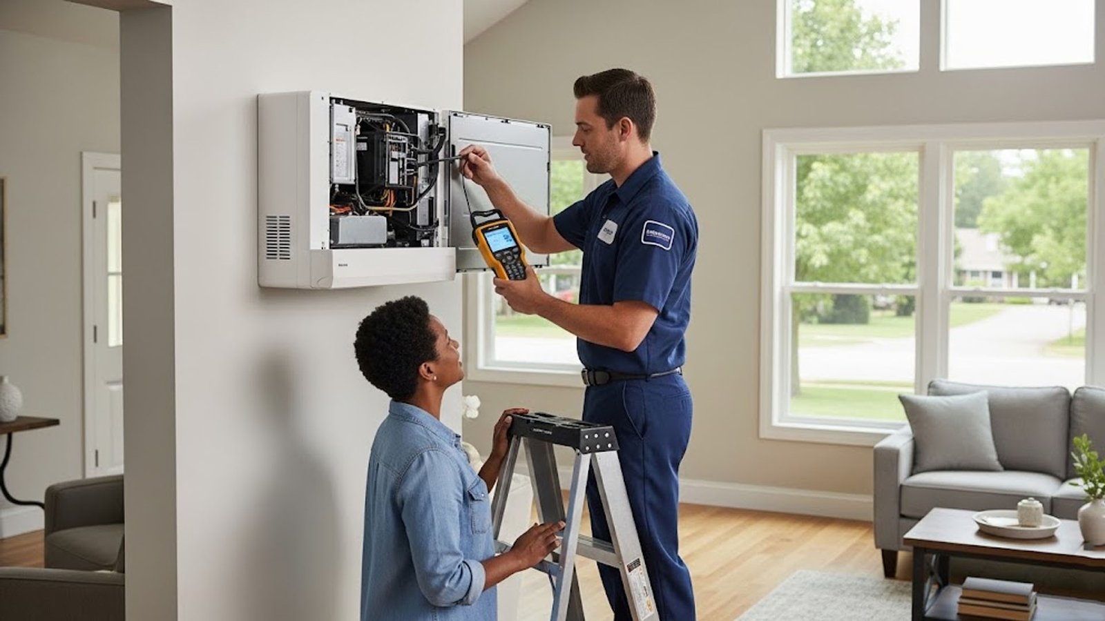 Cloud9 Heat & Air HVAC technician installing air conditioning system in a Burien home