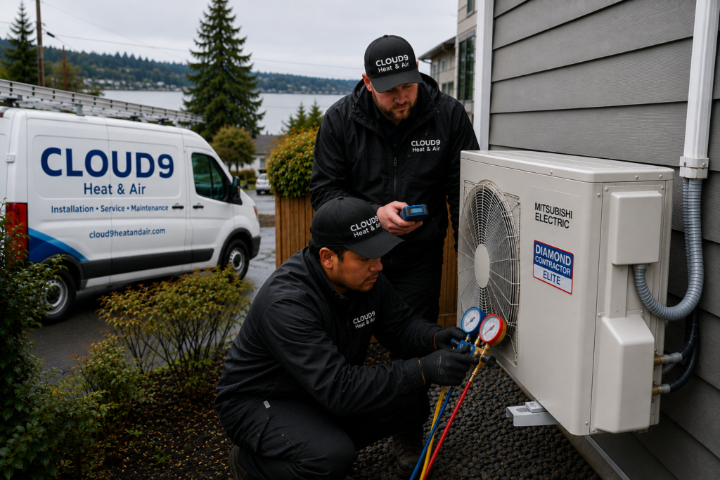 Mitsubishi Diamond Contractor commissioning mini-split installation in Sand Point Seattle